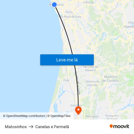 Matosinhos to Canelas e Fermelã map