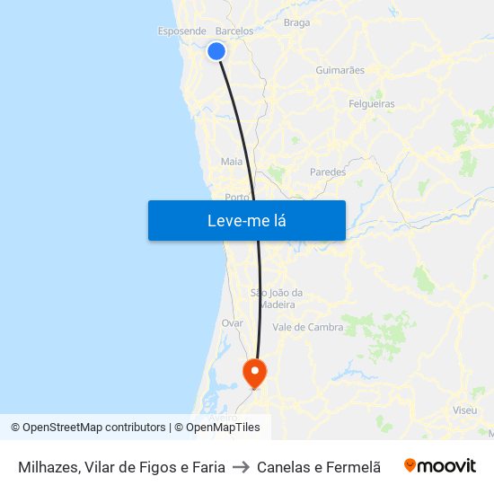 Milhazes, Vilar de Figos e Faria to Canelas e Fermelã map