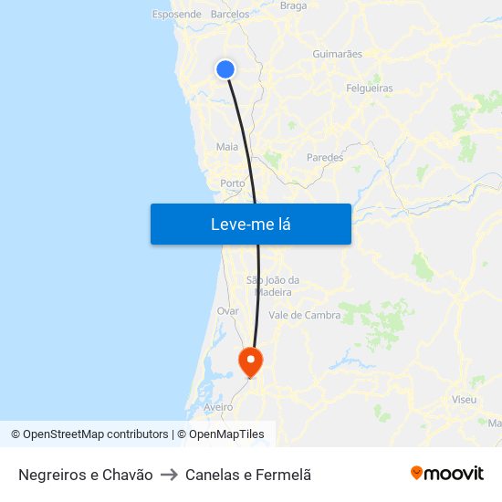 Negreiros e Chavão to Canelas e Fermelã map