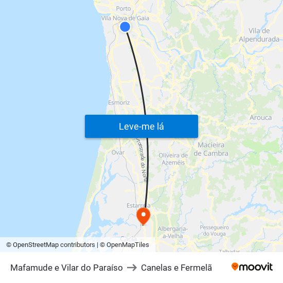 Mafamude e Vilar do Paraíso to Canelas e Fermelã map