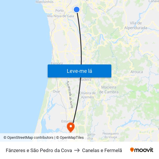 Fânzeres e São Pedro da Cova to Canelas e Fermelã map