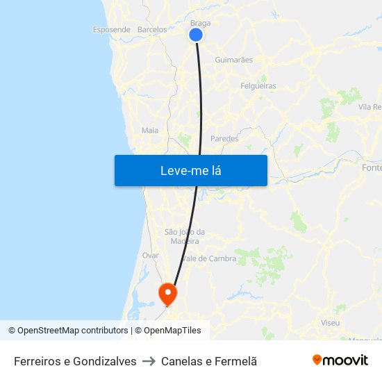 Ferreiros e Gondizalves to Canelas e Fermelã map