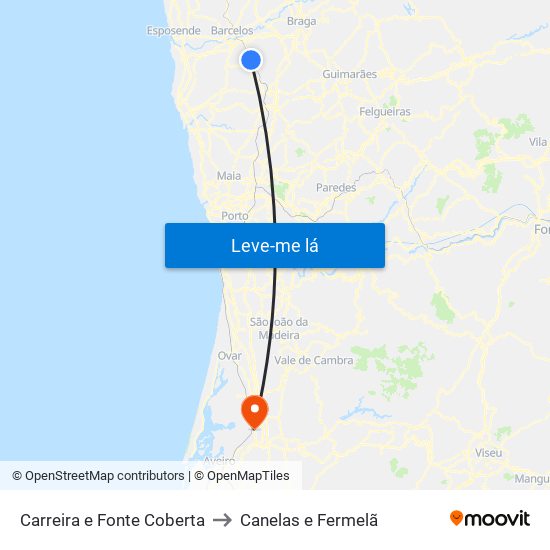 Carreira e Fonte Coberta to Canelas e Fermelã map