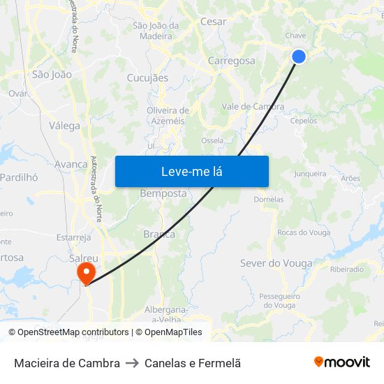 Macieira de Cambra to Canelas e Fermelã map