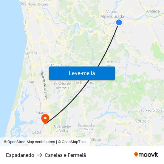 Espadanedo to Canelas e Fermelã map