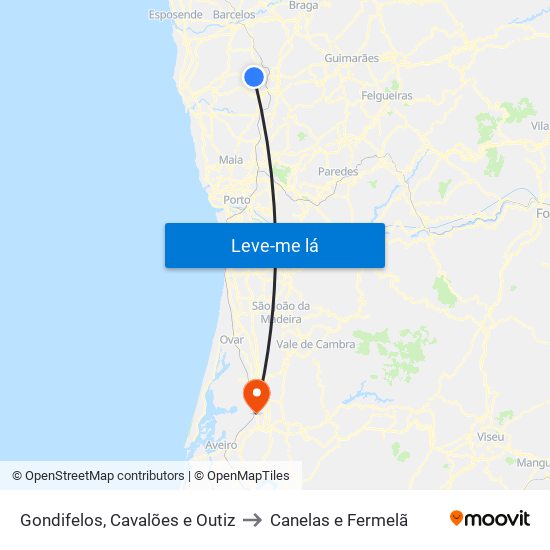 Gondifelos, Cavalões e Outiz to Canelas e Fermelã map