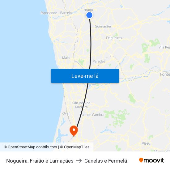 Nogueira, Fraião e Lamaçães to Canelas e Fermelã map