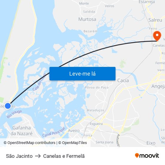 São Jacinto to Canelas e Fermelã map