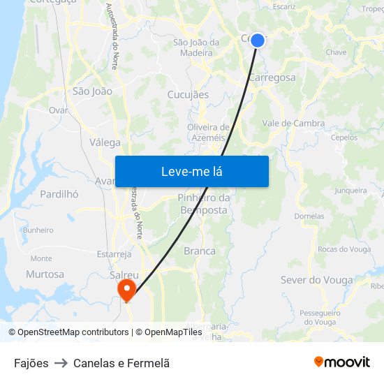 Fajões to Canelas e Fermelã map