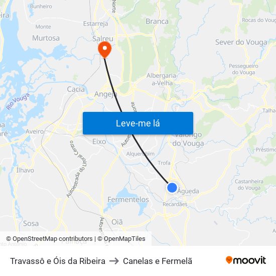 Travassô e Óis da Ribeira to Canelas e Fermelã map