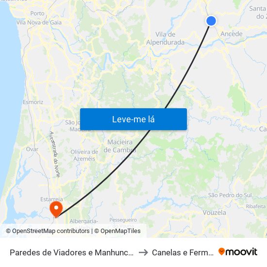Paredes de Viadores e Manhuncelos to Canelas e Fermelã map