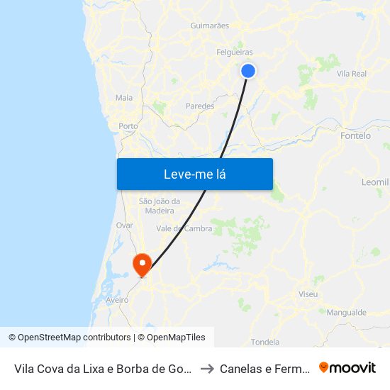 Vila Cova da Lixa e Borba de Godim to Canelas e Fermelã map