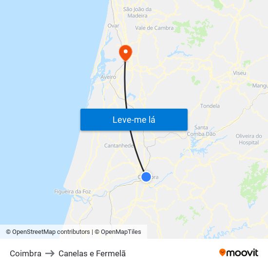 Coimbra to Canelas e Fermelã map