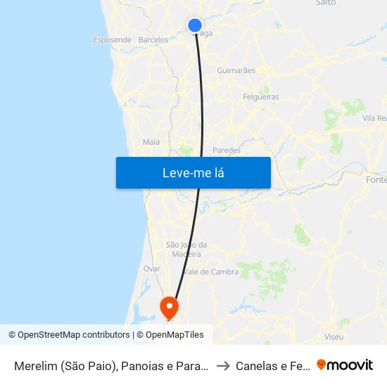 Merelim (São Paio), Panoias e Parada de Tibães to Canelas e Fermelã map