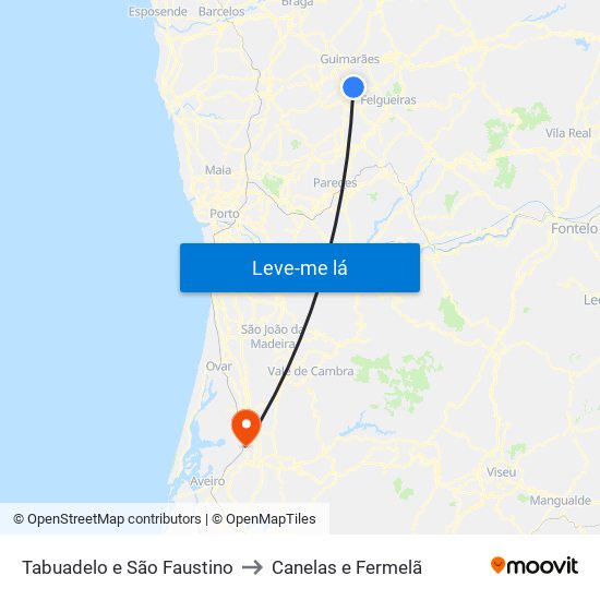 Tabuadelo e São Faustino to Canelas e Fermelã map