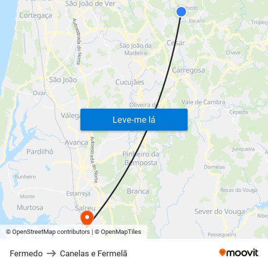 Fermedo to Canelas e Fermelã map