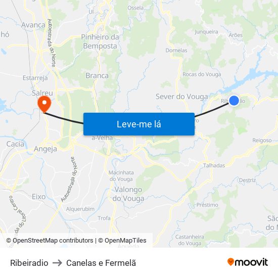 Ribeiradio to Canelas e Fermelã map