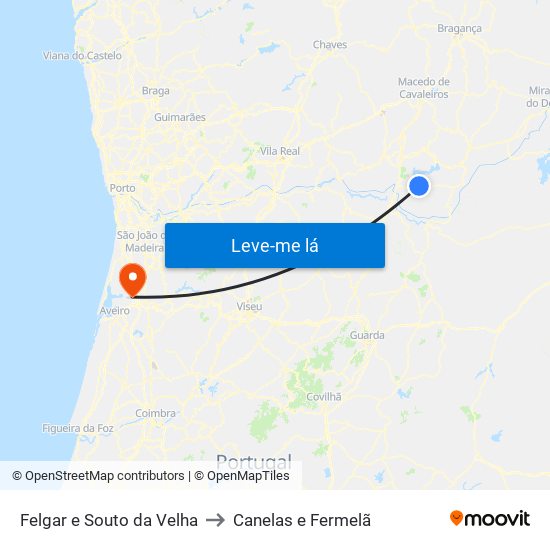 Felgar e Souto da Velha to Canelas e Fermelã map