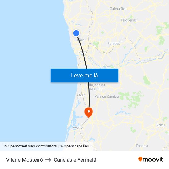 Vilar e Mosteiró to Canelas e Fermelã map