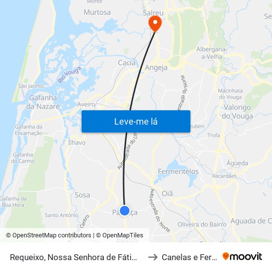 Requeixo, Nossa Senhora de Fátima e Nariz to Canelas e Fermelã map