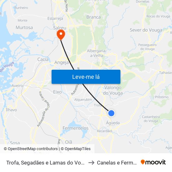 Trofa, Segadães e Lamas do Vouga to Canelas e Fermelã map