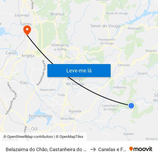 Belazaima do Chão, Castanheira do Vouga e Agadão to Canelas e Fermelã map