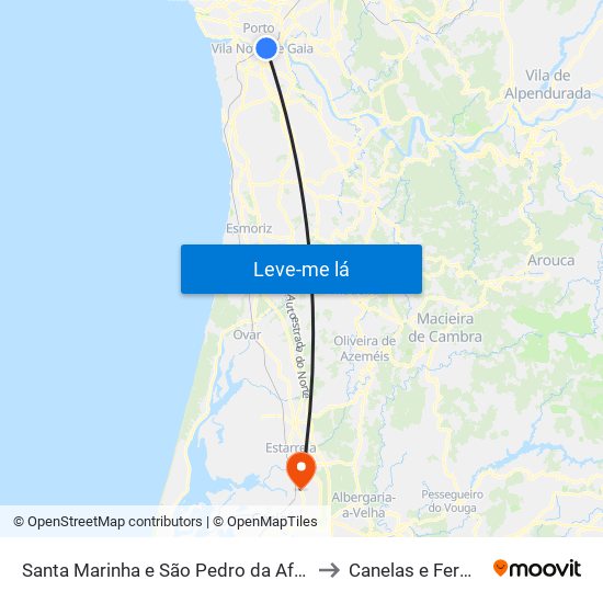 Santa Marinha e São Pedro da Afurada to Canelas e Fermelã map