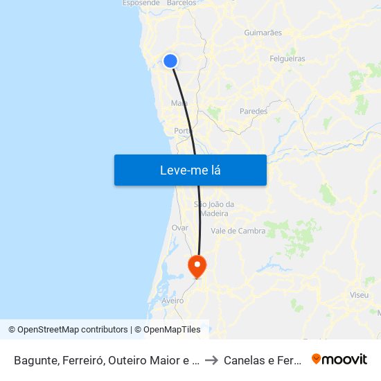 Bagunte, Ferreiró, Outeiro Maior e Parada to Canelas e Fermelã map