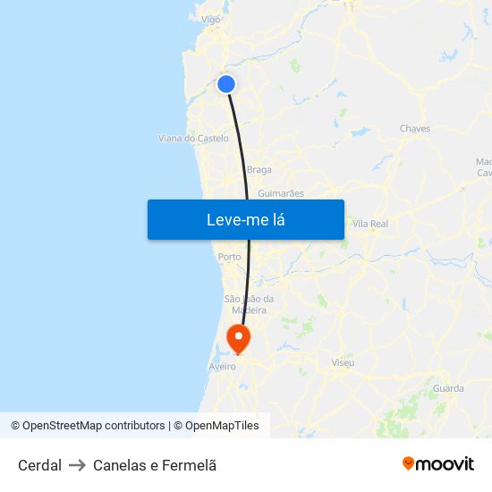 Cerdal to Canelas e Fermelã map