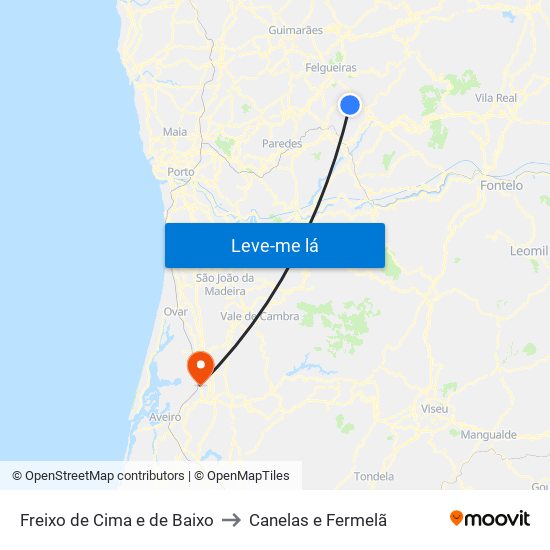 Freixo de Cima e de Baixo to Canelas e Fermelã map