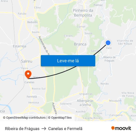 Ribeira de Fráguas to Canelas e Fermelã map
