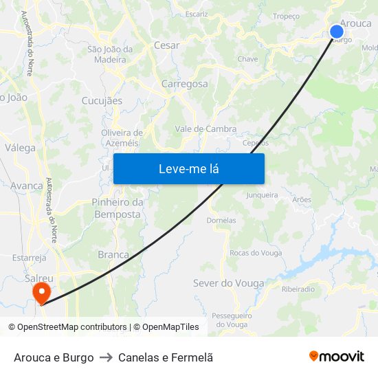 Arouca e Burgo to Canelas e Fermelã map