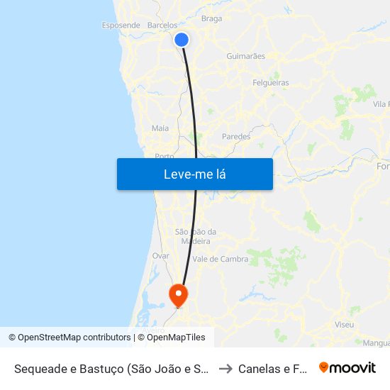 Sequeade e Bastuço (São João e Santo Estêvão) to Canelas e Fermelã map