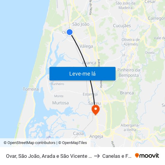 Ovar, São João, Arada e São Vicente de Pereira Jusã to Canelas e Fermelã map