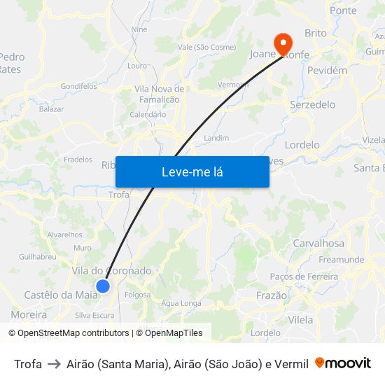 Trofa to Airão (Santa Maria), Airão (São João) e Vermil map