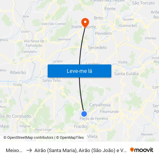 Meixomil to Airão (Santa Maria), Airão (São João) e Vermil map