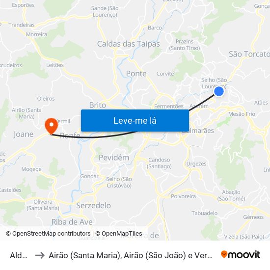 Aldão to Airão (Santa Maria), Airão (São João) e Vermil map