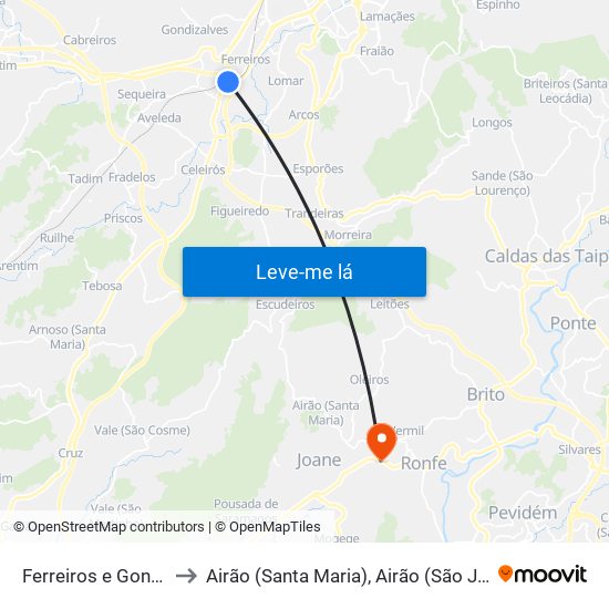 Ferreiros e Gondizalves to Airão (Santa Maria), Airão (São João) e Vermil map