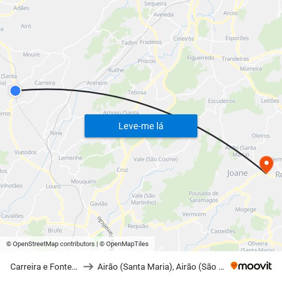 Carreira e Fonte Coberta to Airão (Santa Maria), Airão (São João) e Vermil map