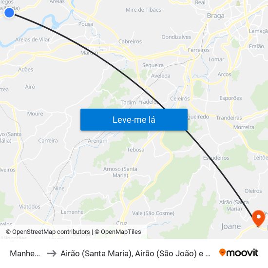 Manhente to Airão (Santa Maria), Airão (São João) e Vermil map