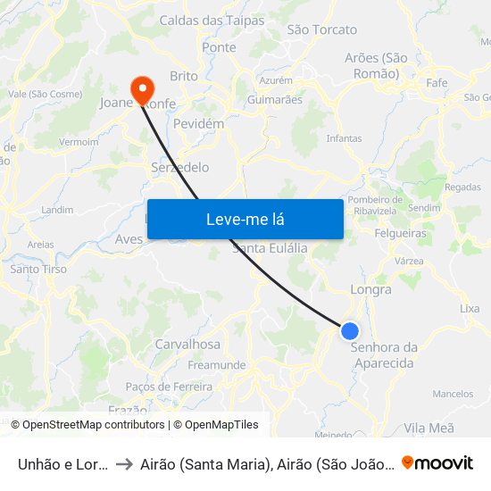 Unhão e Lordelo to Airão (Santa Maria), Airão (São João) e Vermil map