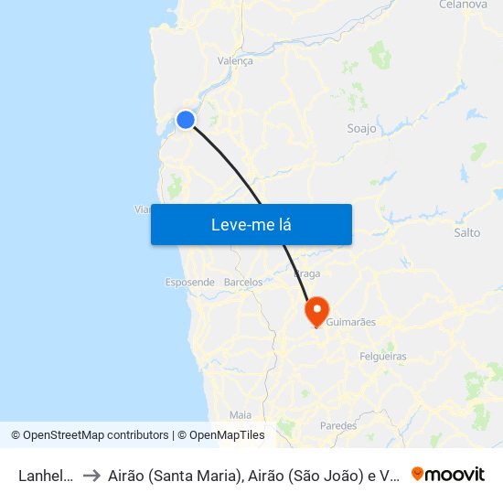 Lanhelas to Airão (Santa Maria), Airão (São João) e Vermil map