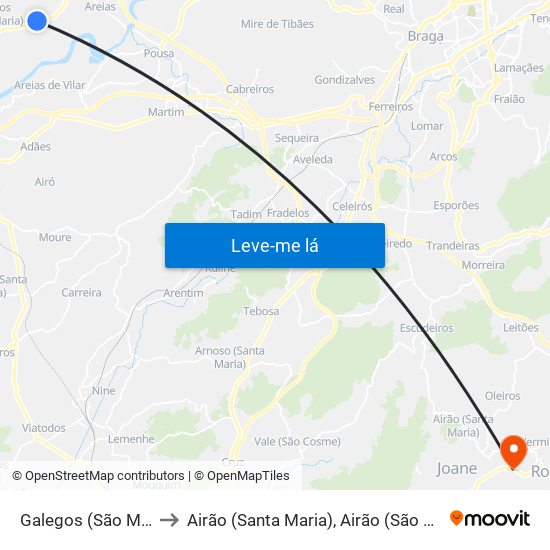 Galegos (São Martinho) to Airão (Santa Maria), Airão (São João) e Vermil map