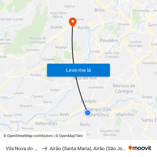 Vila Nova do Campo to Airão (Santa Maria), Airão (São João) e Vermil map