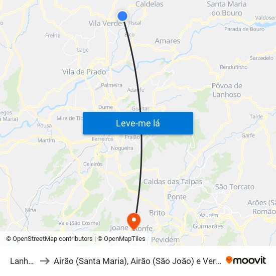 Lanhas to Airão (Santa Maria), Airão (São João) e Vermil map