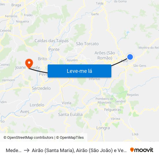 Medelo to Airão (Santa Maria), Airão (São João) e Vermil map