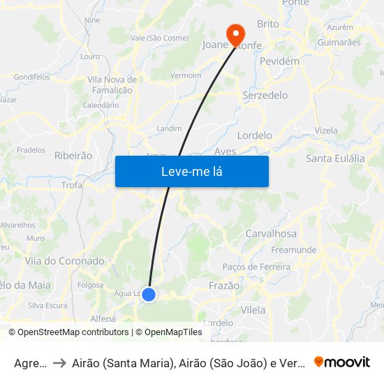 Agrela to Airão (Santa Maria), Airão (São João) e Vermil map