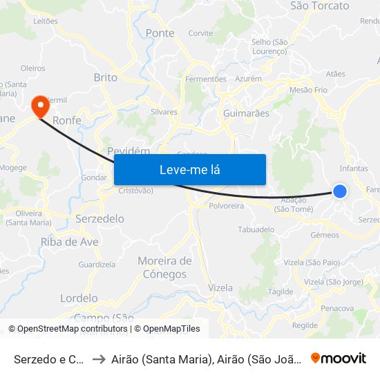 Serzedo e Calvos to Airão (Santa Maria), Airão (São João) e Vermil map