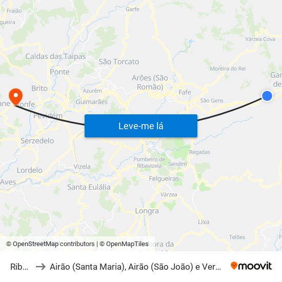 Ribas to Airão (Santa Maria), Airão (São João) e Vermil map