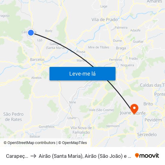 Carapeços to Airão (Santa Maria), Airão (São João) e Vermil map